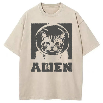 Personality fashion Alien Cat Washed T-Shirt