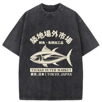 Personality fashion Japan Tsukiji Fish Market Washed T-Shirt