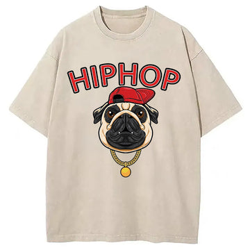 Personality fashion Cute Pug Hiphop Washed T-Shirt