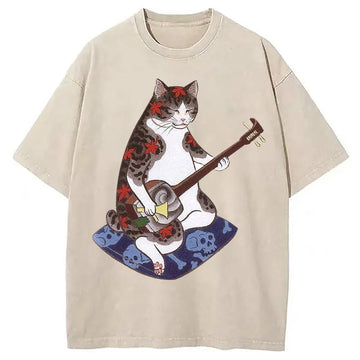 Personality fashion Japan Ukijoe Art Banjo Washed T-Shirt