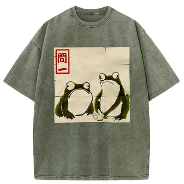 Personality fashion Woodblock Print Grumpy Frog Japan Washed T-Shirt