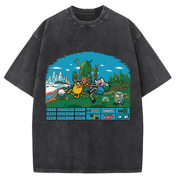 Personality fashion Retro Game Adventure Time Mosaic Vintage Washed T-Shirt