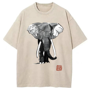 Personality fashion Elephant Japanese Washed T-Shirt
