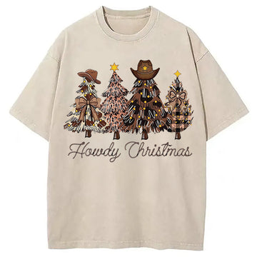 Personality fashion Western Howdy Christmas Tree Washed T-Shirt