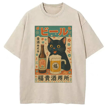 Personality fashion Japanese Black Cat Beer Washed T-Shirt