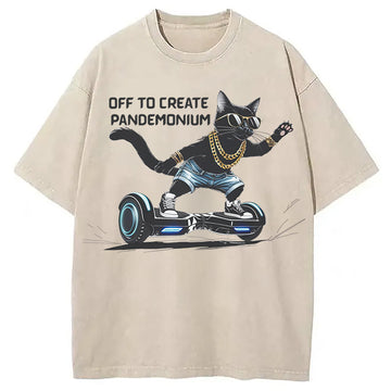 Personality fashion Off to Create Pandemonium Cat Washed T-Shirt
