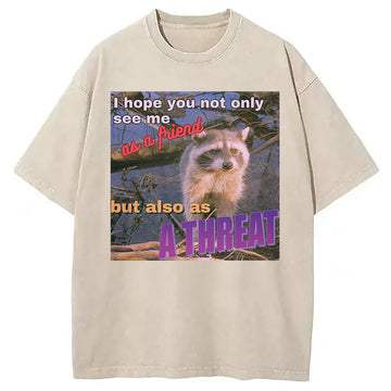 Personality fashion Viral Raccoon Meme Washed T-Shirt