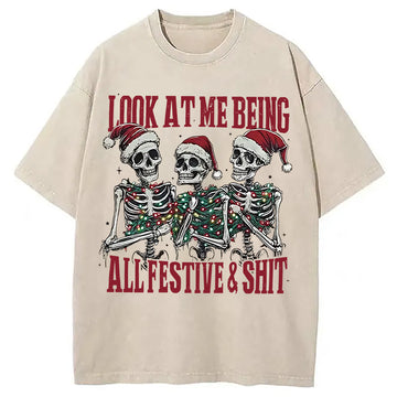 Personality fashion Funny Christmas Skull Washed T-Shirt