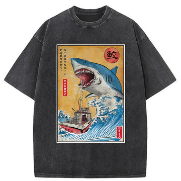Personality fashion Ukiyoe Shark Japan Washed T-Shirt