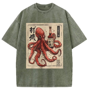 Personality fashion Osaka Saké Octopus Washed T-Shirt