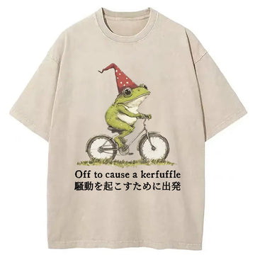 Personality fashion Frog Riding A Bicycle Washed T-Shirt