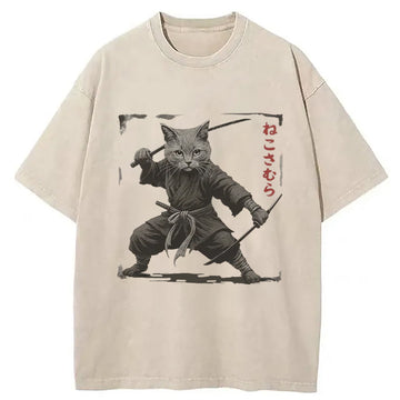 Personality fashion Handsome Cat Samurai Washed T-Shirt