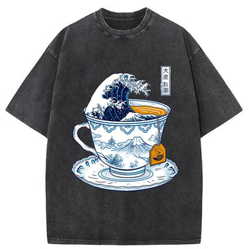 Personality fashion The Great Kanagawa Tea Wave Washed T-Shirt