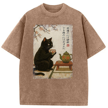 Personality fashion Tea Time With A Black Cat Washed T-Shirt