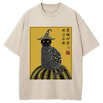 Personality fashion Black Cat's Glimpse Washed T-Shirt
