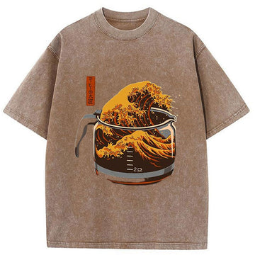 Personality fashion The Great Wave Off Coffee Japanese Washed T-Shirt