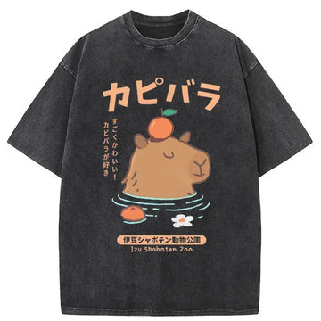 Personality fashion Capybara Soaking In Hot Springs Washed T-Shirt