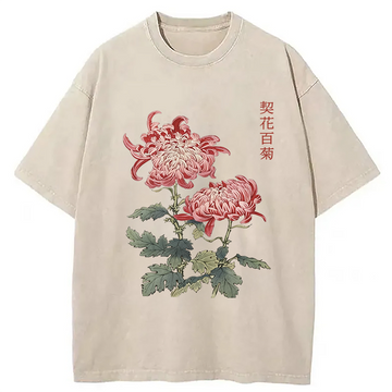Personality fashion Chrysanthemum Floral Washed T-Shirt