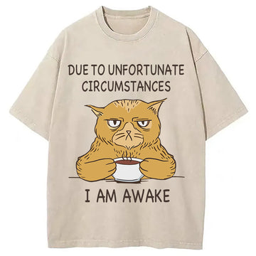 Personality fashion I Am Awake Cat Meme Washed T-Shirt