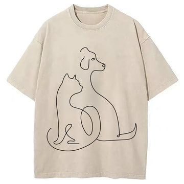 Personality fashion Minimalist Cat and Dog Washed T-Shirt