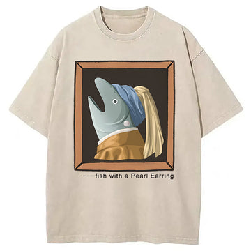 Personality fashion Fish with Pearl Earring Washed T-Shirt