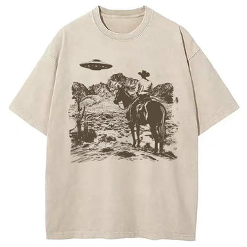 Personality fashion Ufo Western Vintage Cowboy Washed T-Shirt