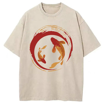 Personality fashion Koi Fish Enso Circle Washed T-Shirt