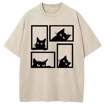 Personality fashion Cats In The Grid Washed T-Shirt