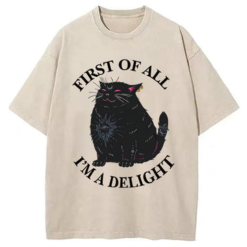 Personality fashion First Of All I'm A Delight Cat Washed T-Shirt