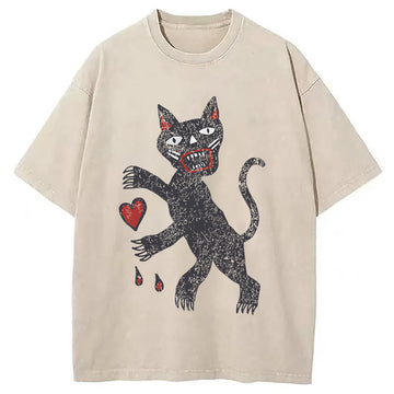 Personality fashion Black Cat Art Washed T-Shirt