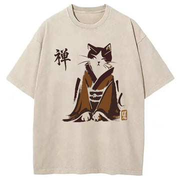 Personality fashion Zen Cat Kimono Washed T-Shirt