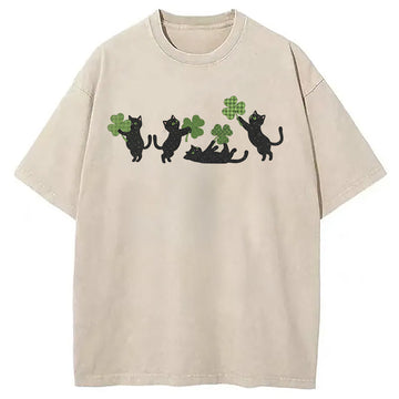 Personality fashion St Patricks Day Cat Washed T-Shirt