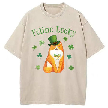Personality fashion Lucky Irish Cat Washed T-Shirt