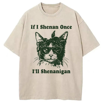 Personality fashion St. Patrick's Day Elegant Cat Washed T-Shirt