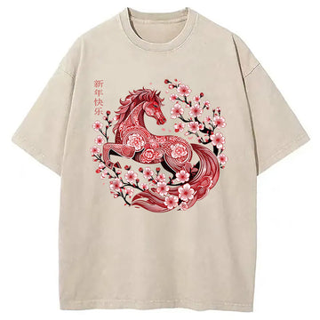 Personality fashion Chinese Horse New Year Washed T-Shirt