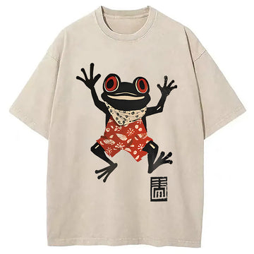 Personality fashion Japanese Happy Frog Ukiyoe Washed T-Shirt