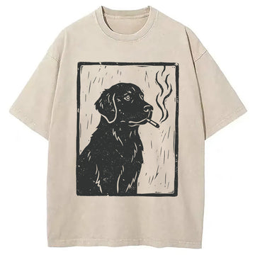 Personality fashion Smoking Labrador Linocut Washed T-Shirt