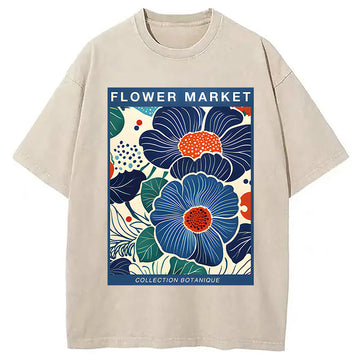 Personality fashion Blue Flowers Botanical Art Washed T-Shirt