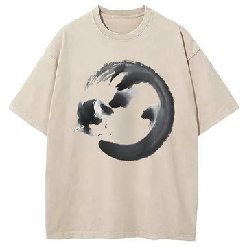 Personality fashion Inkpainting Cat Zen Enso Washed T-Shirt