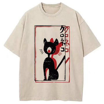 Personality fashion Japanese Retro Black Cat Poster Washed T-Shirt