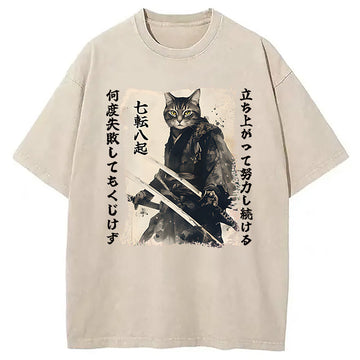 Personality fashion Samurai Japanese Cat Washed T-Shirt