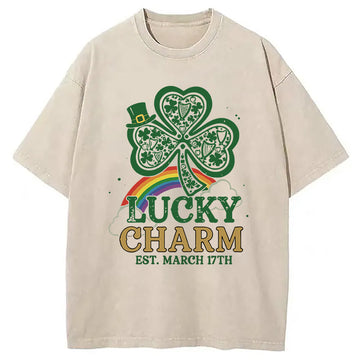 Personality fashion Lucky Charm Clover Rainbow Washed T-Shirt