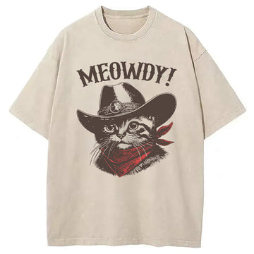 Personality fashion Meowdy Cowboy Cat Washed T-Shirt
