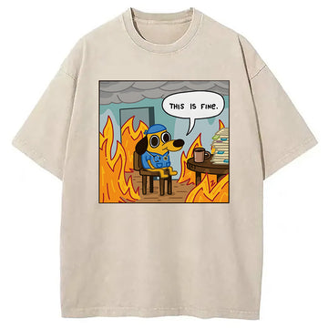 Personality fashion This Is Fine Funny Dog Meme Washed T-Shirt