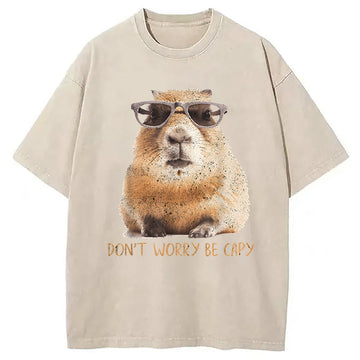 Personality fashion Don't Worry Be Capy Capybara Washed T-Shirt