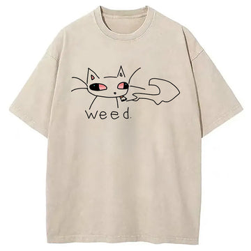 Personality fashion Smoking Weed Cat Meme Washed T-Shirt