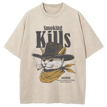 Personality fashion Funny Anti Smoking Cat Washed T-Shirt