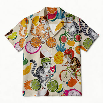 Personality fashionCute Cats on Bicycles with Fruit Hawaiian Shirt