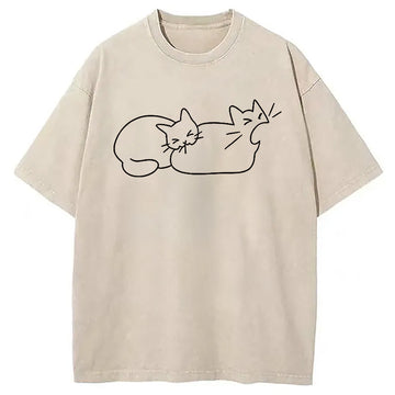 Personality fashion Cat Bites Cat Washed T-Shirt