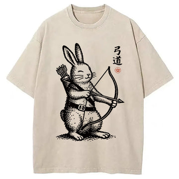 Personality fashion Rabbit Shooting Arrows Washed T-Shirt